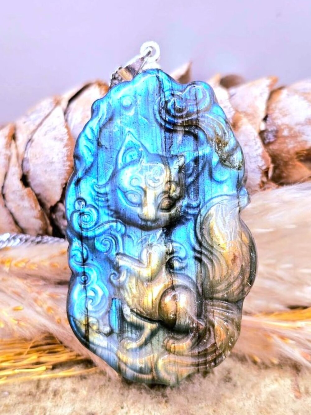 Labradorite Cat God Pendant • 1.6" Hand‑Carved Crystal Necklace • Strong Flash